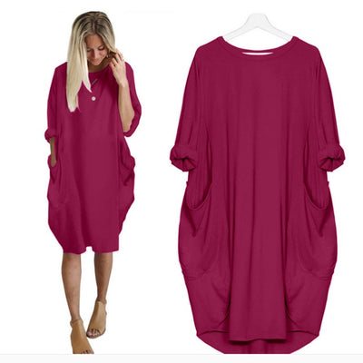 Loose Dress with Pocket  O Neck Long