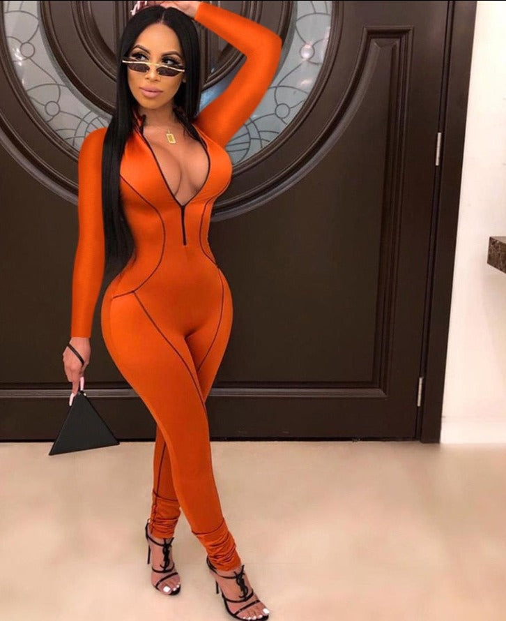 Kliou Orange Bodycon Jumpsuit Turtleneck Bodysuit