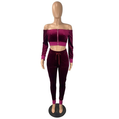 Velvet  Winter  Shoulder Crop Top Pants Club Outfits