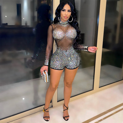 Mesh Rhinestones See Through Party Jumpsuits