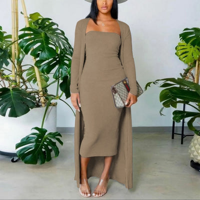 Solid Tube Dress With Longline Coat Two Piece Set Casual Daily Outfits