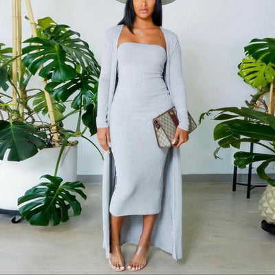 Solid Tube Dress With Longline Coat Two Piece Set Casual Daily Outfits