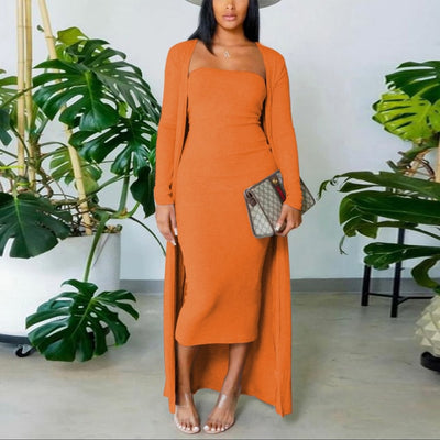 Solid Tube Dress With Longline Coat Two Piece Set Casual Daily Outfits