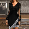 V-neck Sequin Party Dress Mesh Long Sleeve Irregular Mini Dress Shiny A-Line