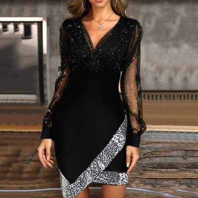 V-neck Sequin Party Dress Mesh Long Sleeve Irregular Mini Dress Shiny A-Line