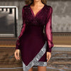 V-neck Sequin Party Dress Mesh Long Sleeve Irregular Mini Dress Shiny A-Line