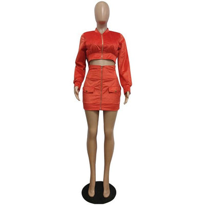 Two Piece Set Women Autumn Winter Outfits  Zip Crop Top Mini Skirt