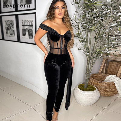 Mesh Patchwork Corset Top Velvet Bandage Rompers