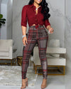 Women Long Sleeve Button Down Shirt Plaid Pants Set