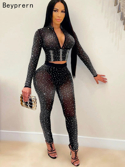 Rhinestone Studded Crop Top And Legging Mesh