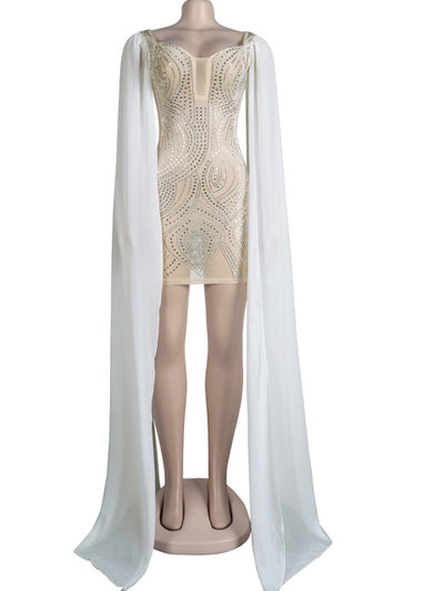 Flare Cape Sleeve Mesh Crystal Dress Sparkle See Through