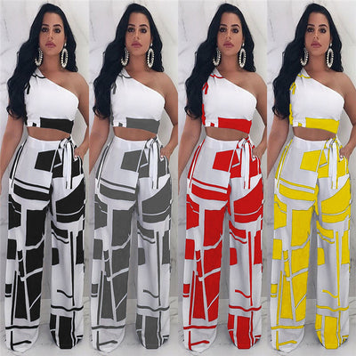 Patchwork  One Shoulder Crop Top and Wide Leg