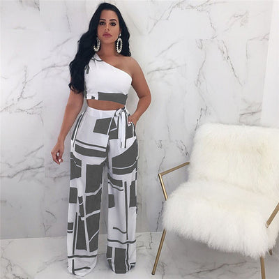 Patchwork  One Shoulder Crop Top and Wide Leg