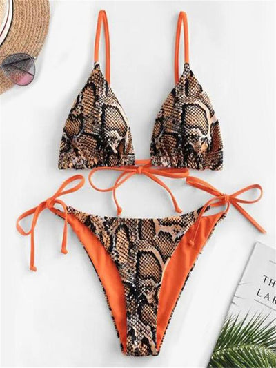 Snake Print Bikin Women Lace Up Thong Swimsuit Girl Bathing Suit Swim