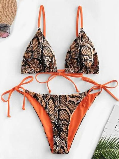 Snake Print Bikin Women Lace Up Thong Swimsuit Girl Bathing Suit Swim